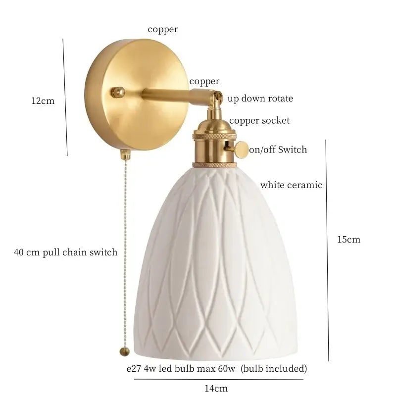 Gold and white ceramic led wall sconce with pull chain for bedroom