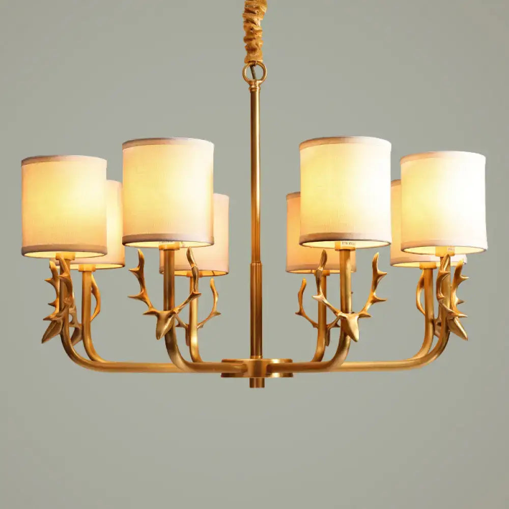 Gold antler fabric shade cylindrical chandelier living room light