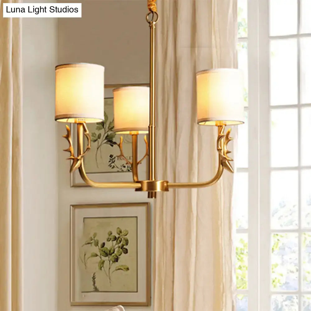 Gold antler fabric shade cylindrical chandelier living room light