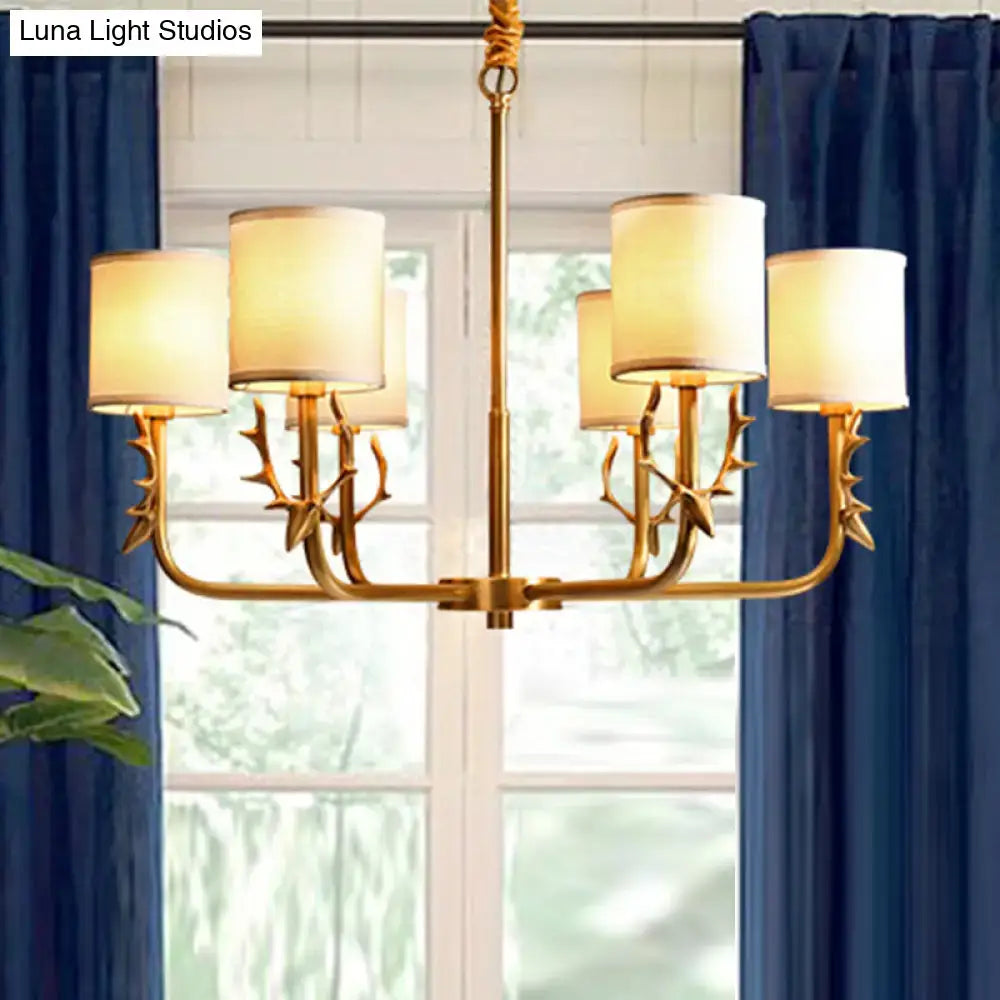 Gold antler fabric shade cylindrical chandelier living room light