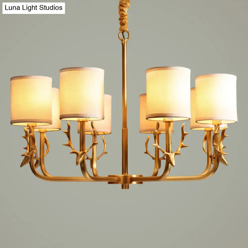 Gold antler fabric shade cylindrical chandelier living room light