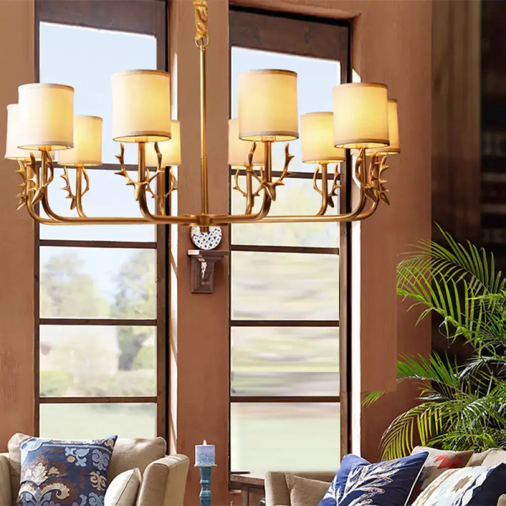 Gold antler fabric shade cylindrical chandelier living room light