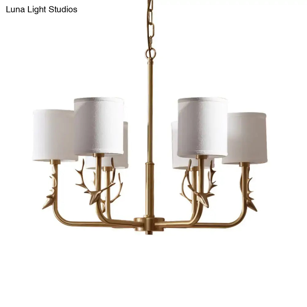 Gold antler fabric shade cylindrical chandelier living room light