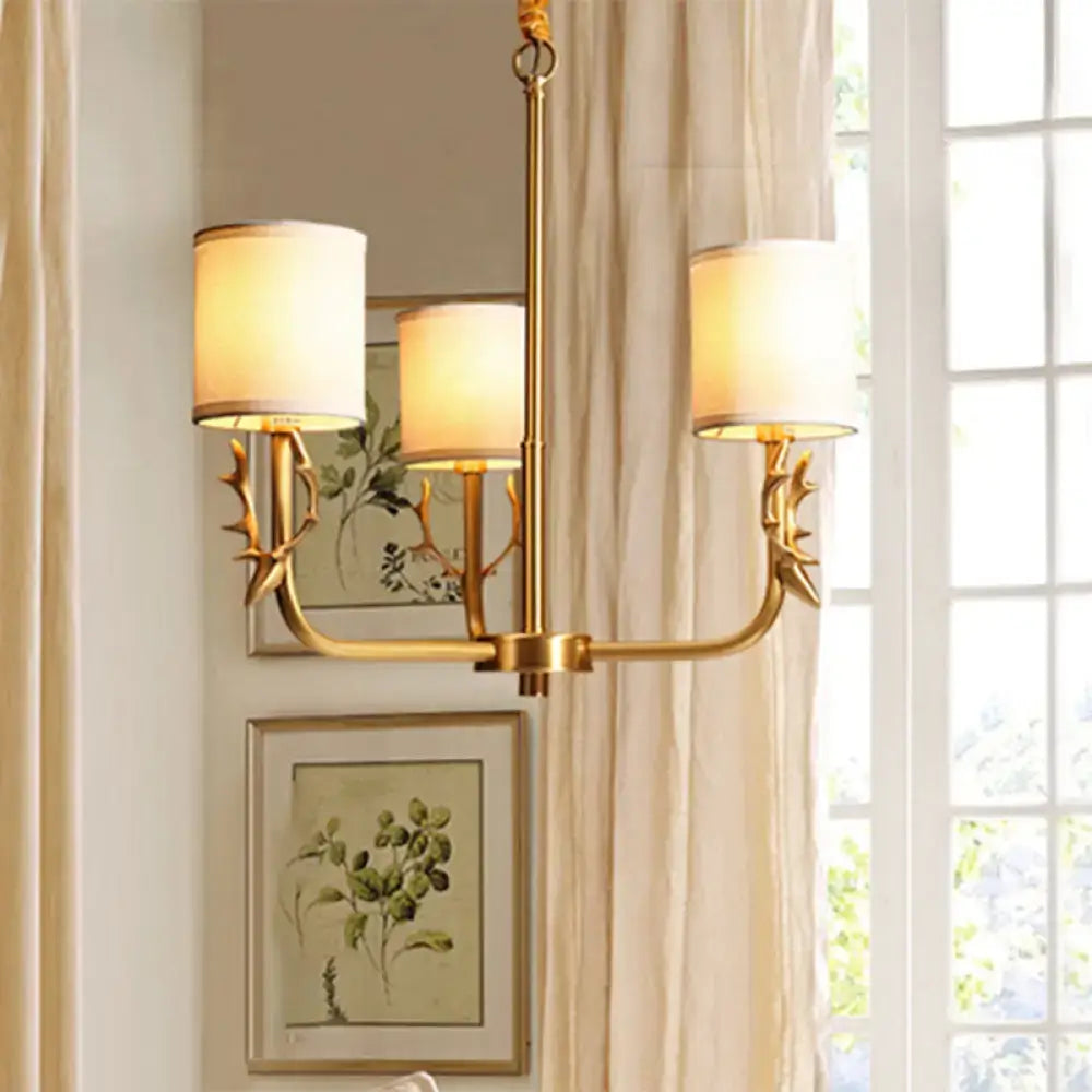 Gold antler fabric shade cylindrical chandelier living room light