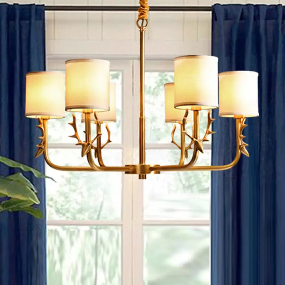 Gold antler fabric shade cylindrical chandelier living room light