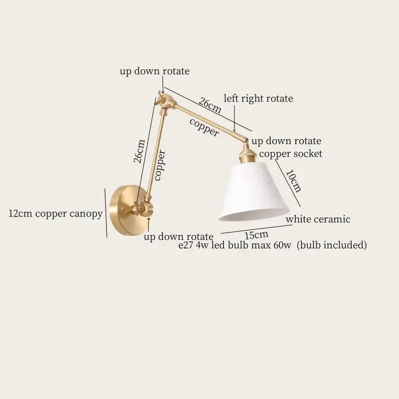 Gold ceramic led wall lamp with ribbed fabric shade for living room