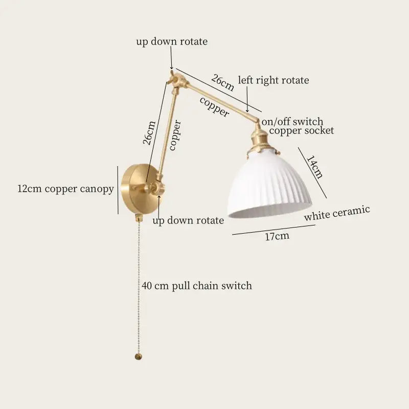 Gold ceramic led wall lamp with ribbed fabric shade for living room