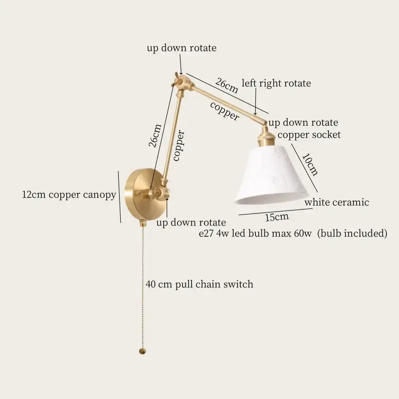 Gold ceramic led wall lamp with ribbed fabric shade for living room