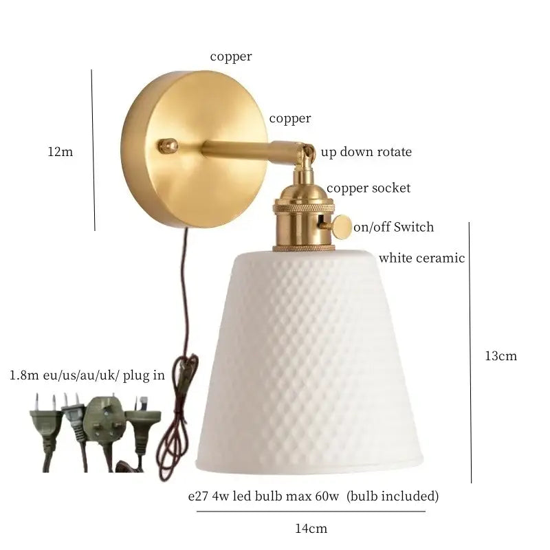 Gold ceramic led wall sconce with ribbed shade for bedroom