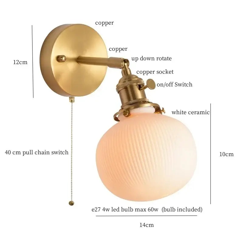 Gold ceramic led wall sconce with ribbed shade for bedroom