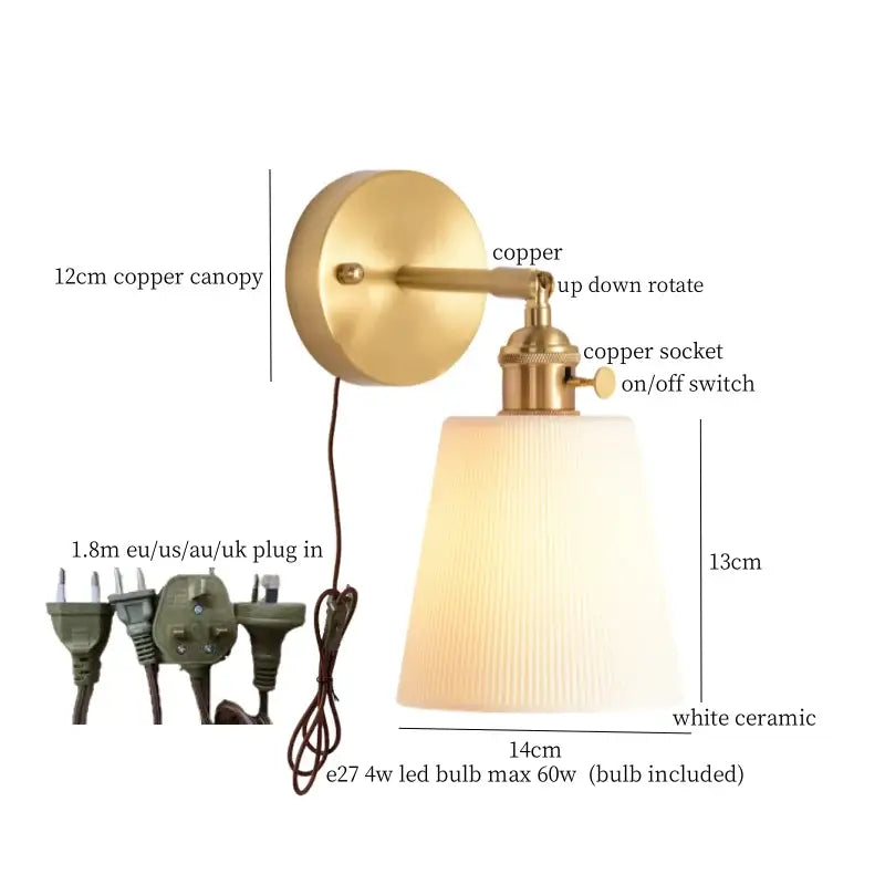 Gold ceramic led wall sconce with ribbed shade for bedroom