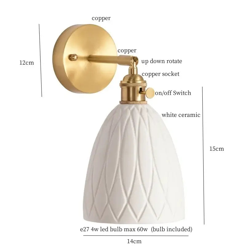 Gold ceramic led wall sconce with ribbed shade for bedroom