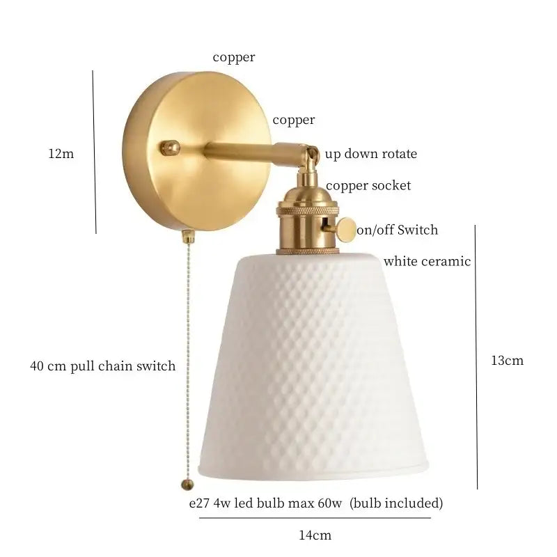 Gold ceramic led wall sconce with ribbed shade for bedroom