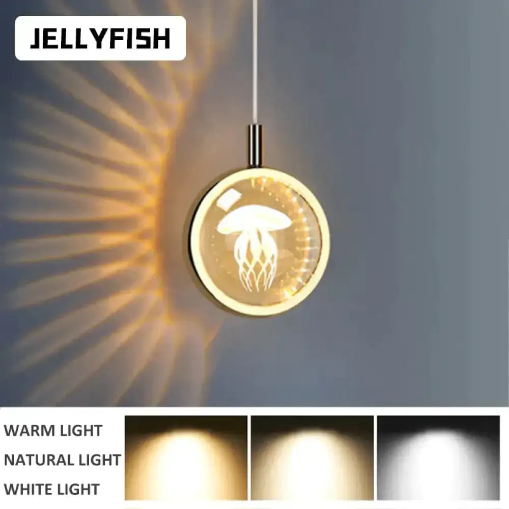 Decorbites™ clara pendant lights with a gold-toned frame and led crystal glass panel featuring an illuminated jellyfish design