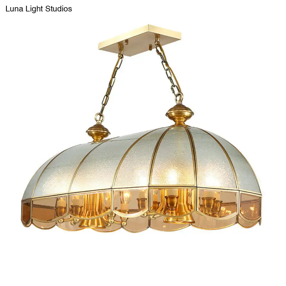 Gold-toned brass pendant light with dome-shaped frosted and clear glass shade for dining room 110v-120v use e26 e27 e12 e14