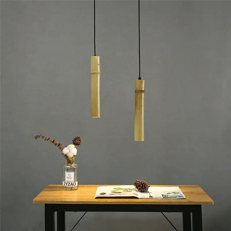 Golden bamboo tube pendant lights – dining room adjustable wire