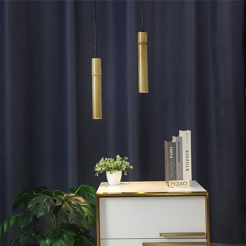 Golden bamboo tube pendant lights – dining room adjustable wire