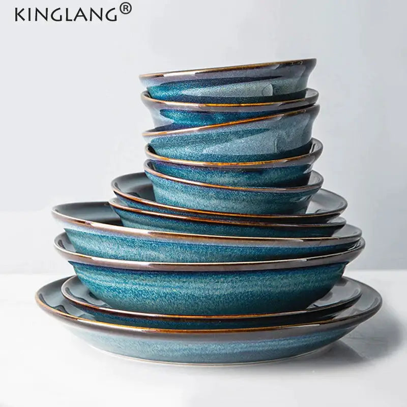 Gradient blue ceramic bowl gold rim dining room dinnerware dish