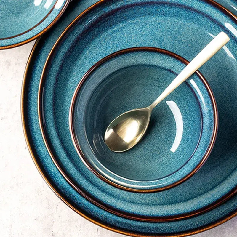 Gradient blue ceramic bowl gold rim dining room dinnerware dish