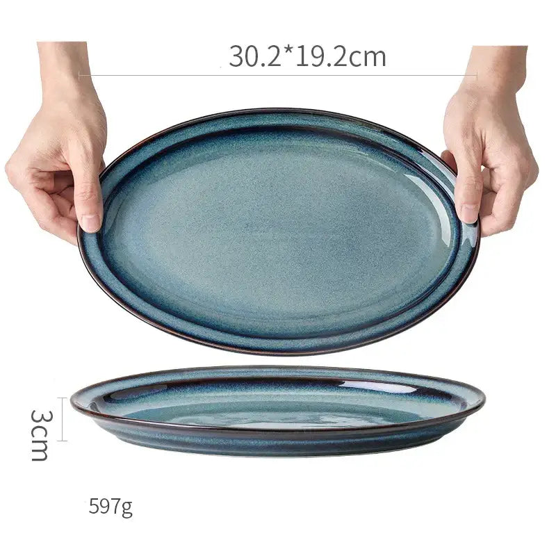Gradient blue ceramic bowl gold rim dining room dinnerware dish