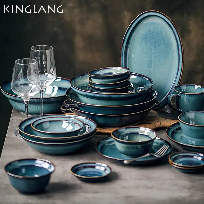 Gradient blue ceramic bowl gold rim dining room dinnerware dish