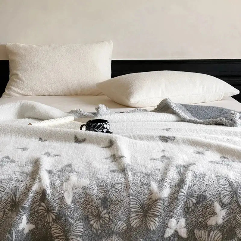 Gray butterfly jacquard imitation mink fur blanket bedroom throw