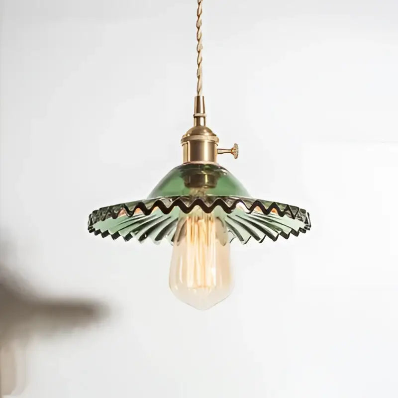 Green and clear glass pendant light dining room copper base