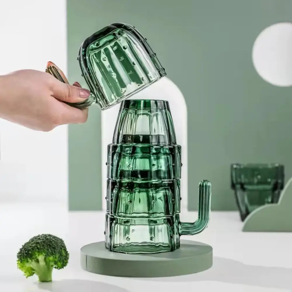 Green cactus glass mug kitchen drinking cup with textured ridges