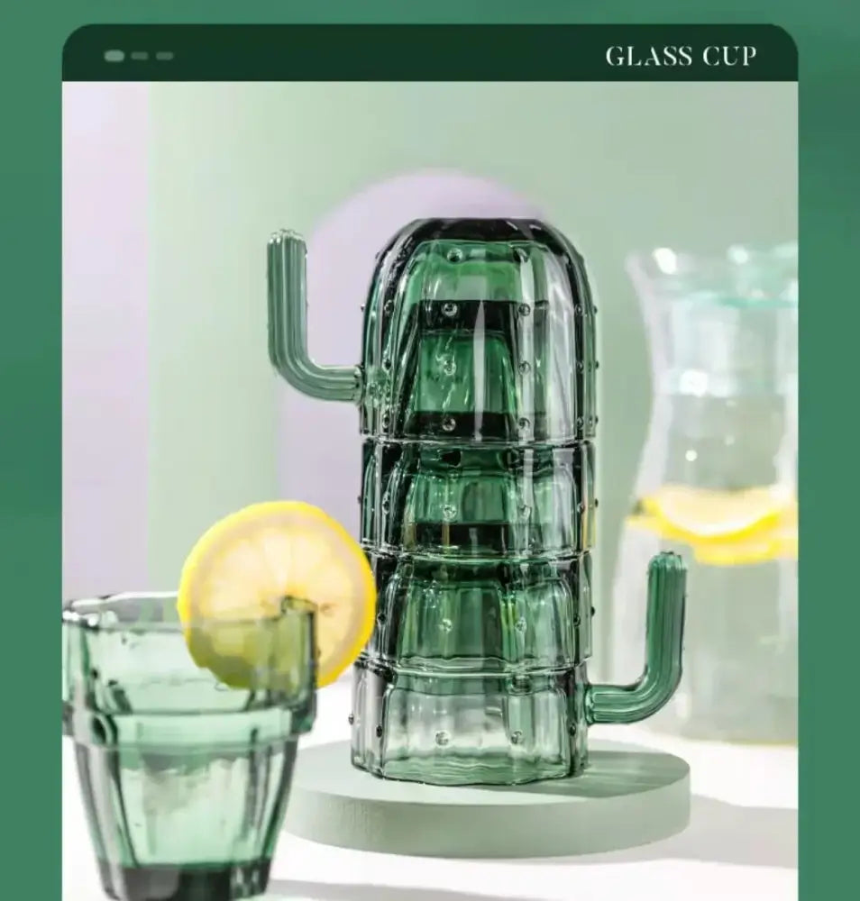 Green cactus glass mug kitchen drinking cup with textured ridges