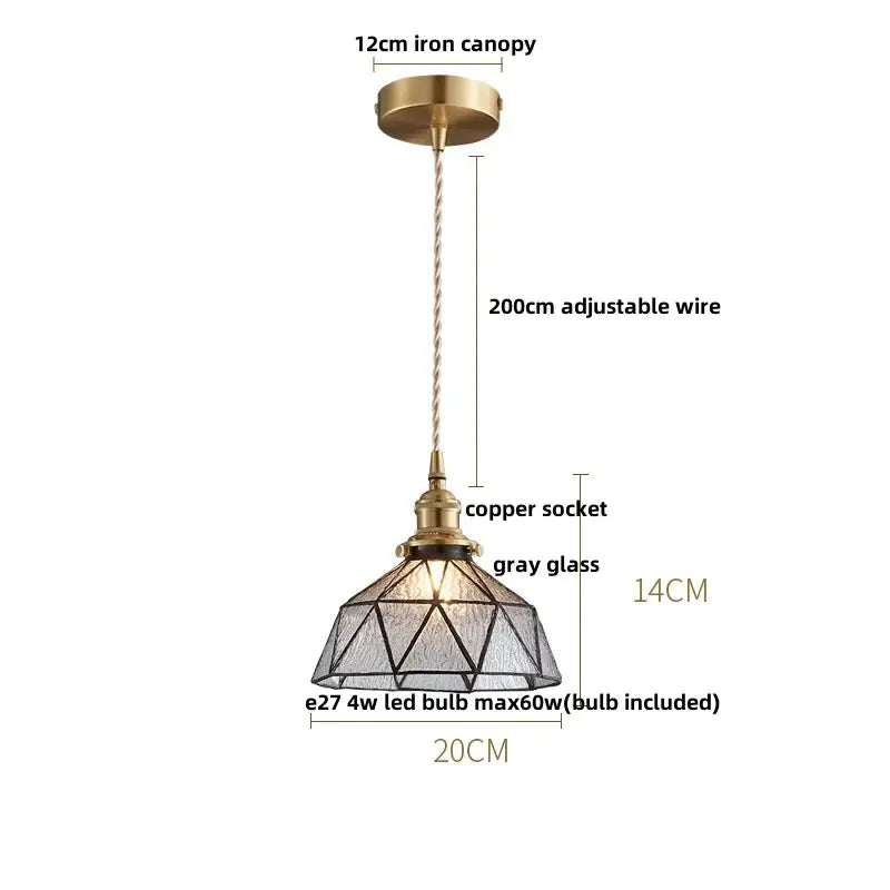 Green glass pendant light with copper canopy for dining room