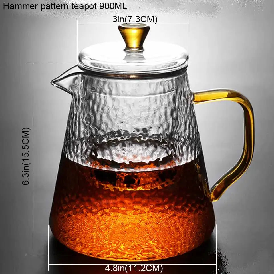 Hammered clear and amber borosilicate glass teapot kitchen tea set