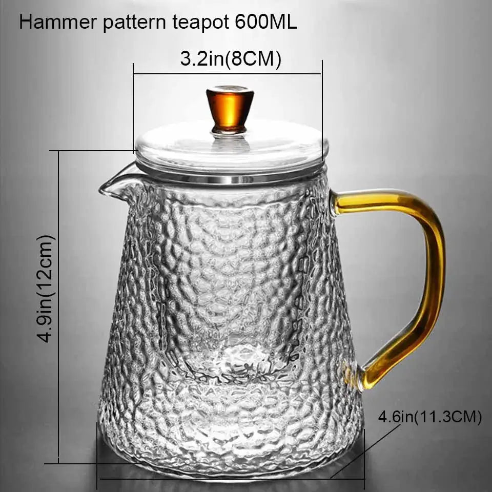 Hammered clear and amber borosilicate glass teapot kitchen tea set
