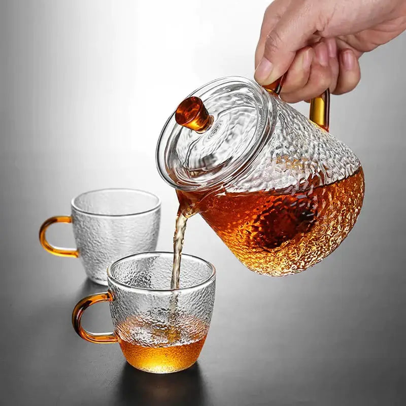 Hammered clear and amber borosilicate glass teapot kitchen tea set