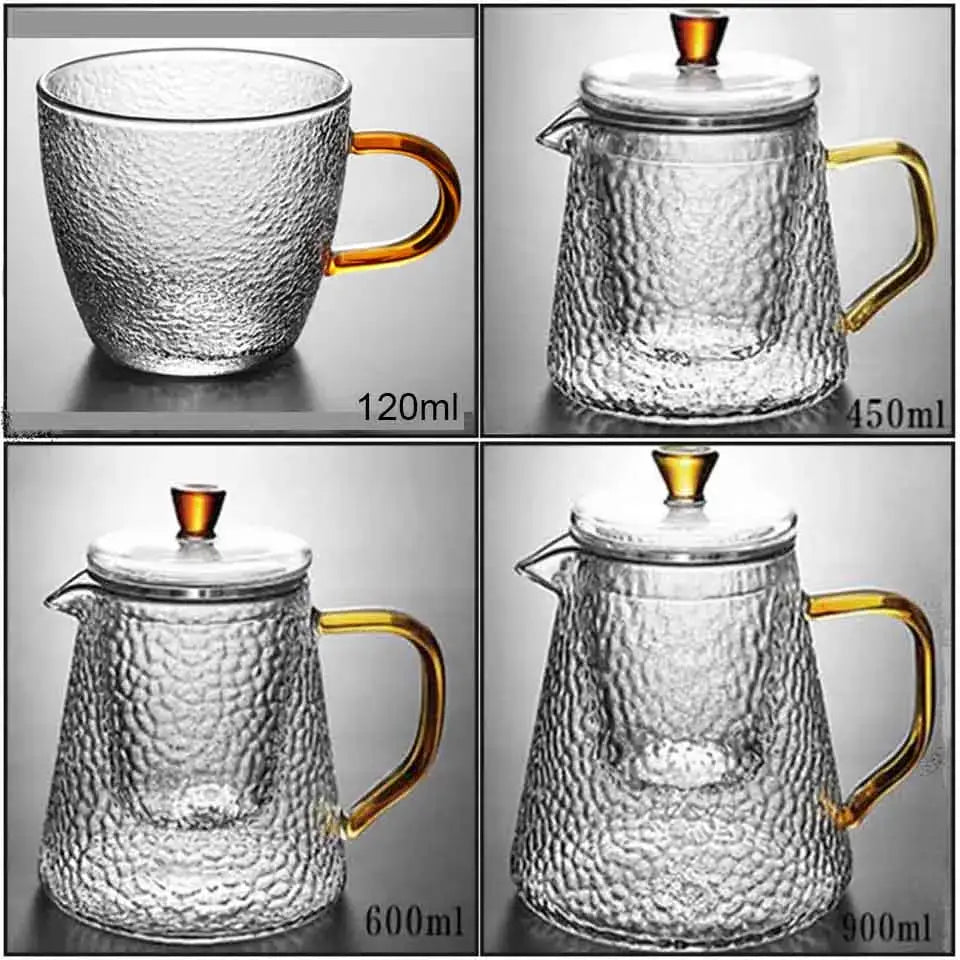 Hammered clear and amber borosilicate glass teapot kitchen tea set