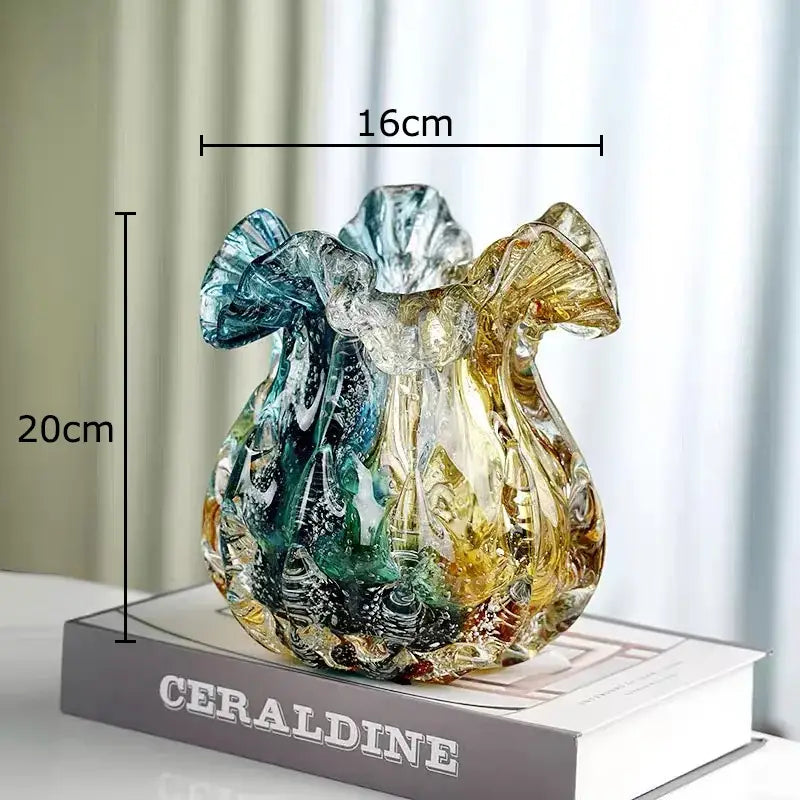 Hand blown blue & green colorful flower edge glass vase dining room
