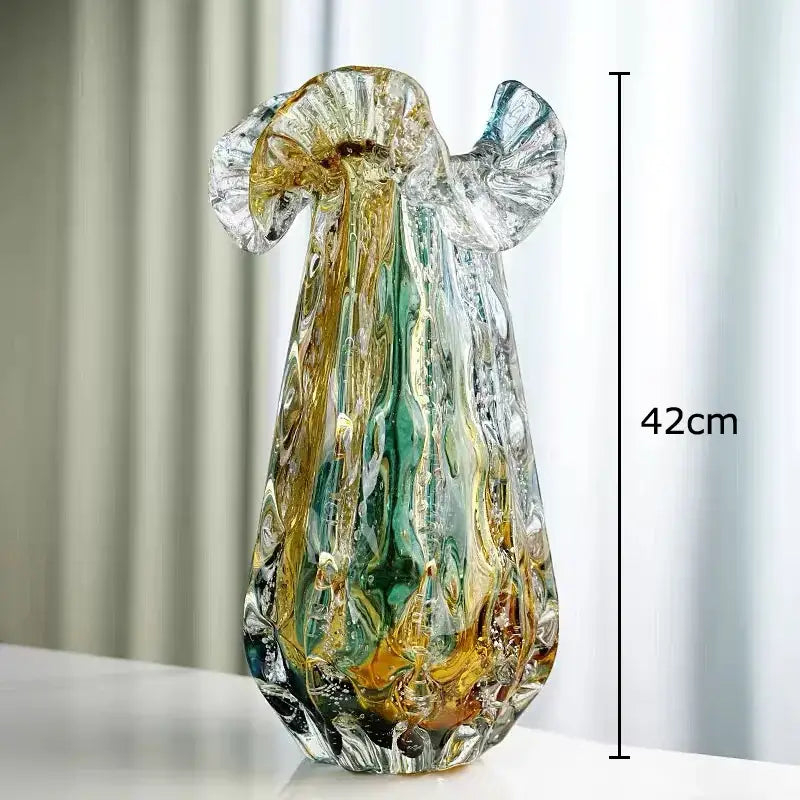Hand blown blue & green colorful flower edge glass vase dining room