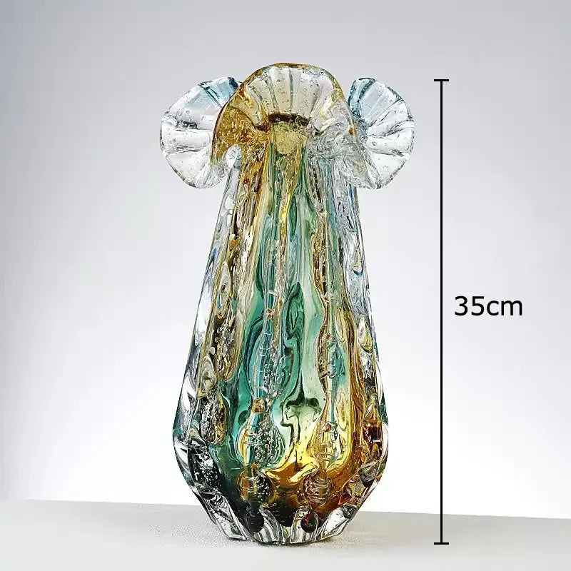 Hand blown blue & green colorful flower edge glass vase dining room