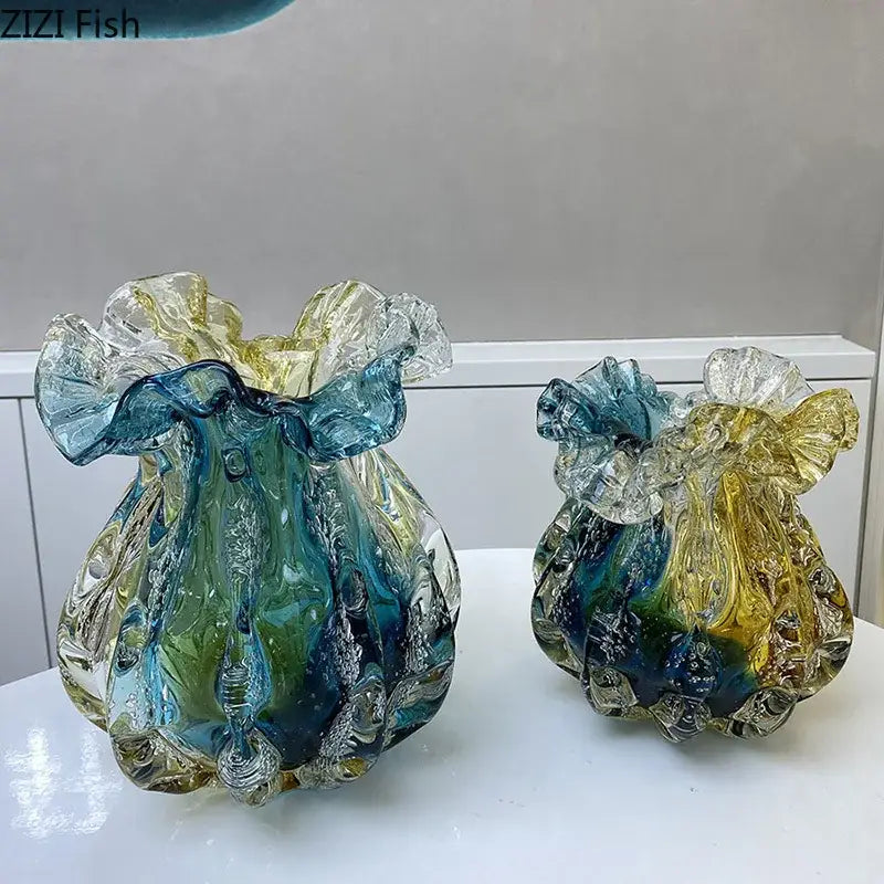 Hand blown blue & green colorful flower edge glass vase dining room