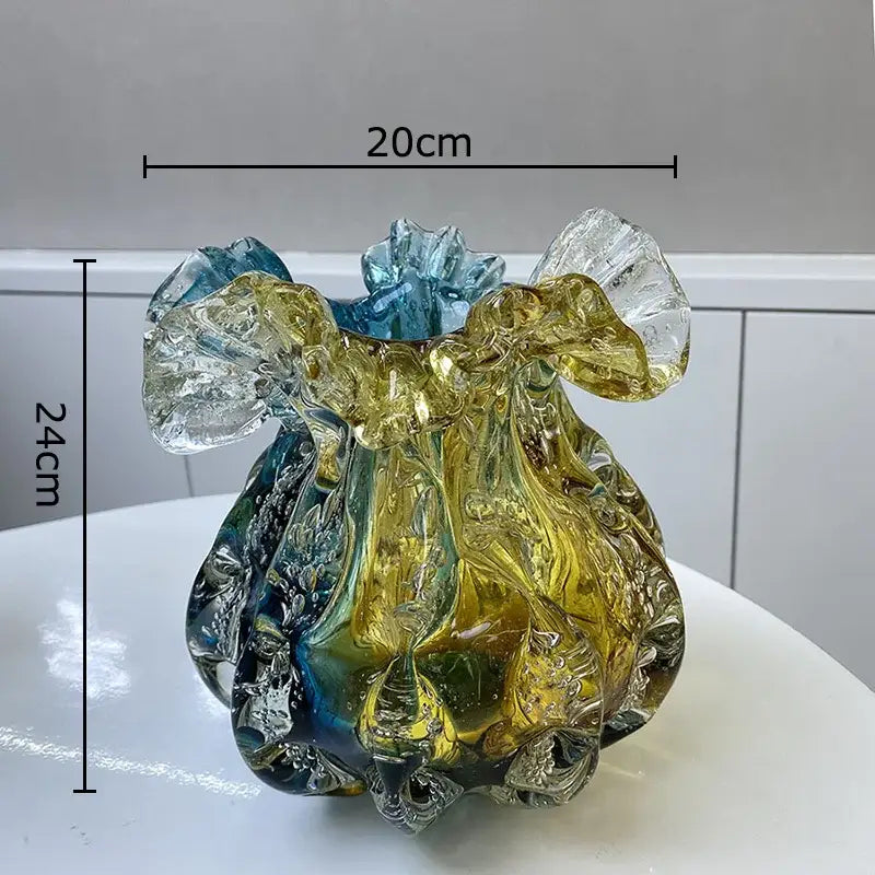 Hand blown blue & green colorful flower edge glass vase dining room