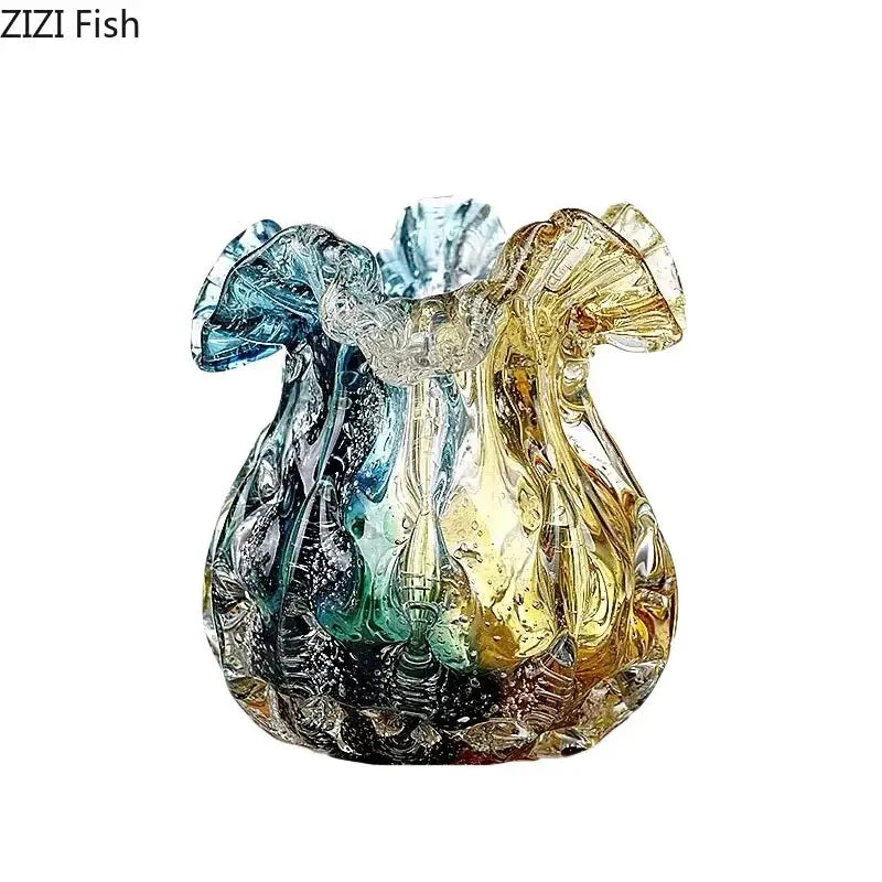 Hand blown blue & green colorful flower edge glass vase dining room
