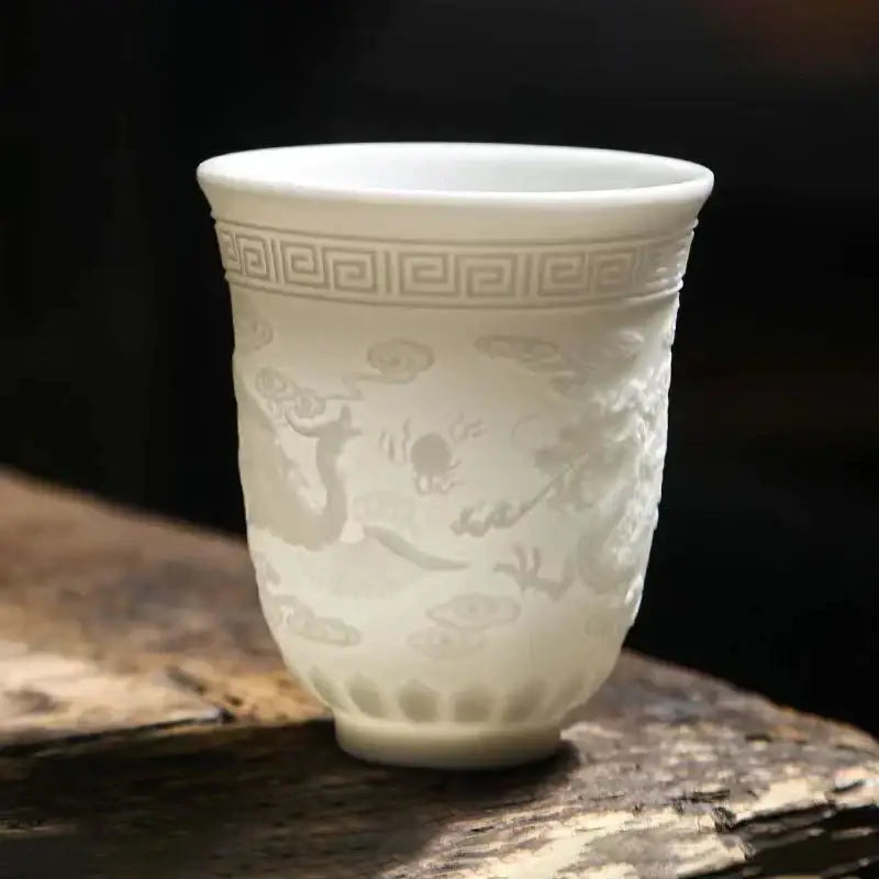 Hand carved translucent white jade tea cup set dining room ceramic