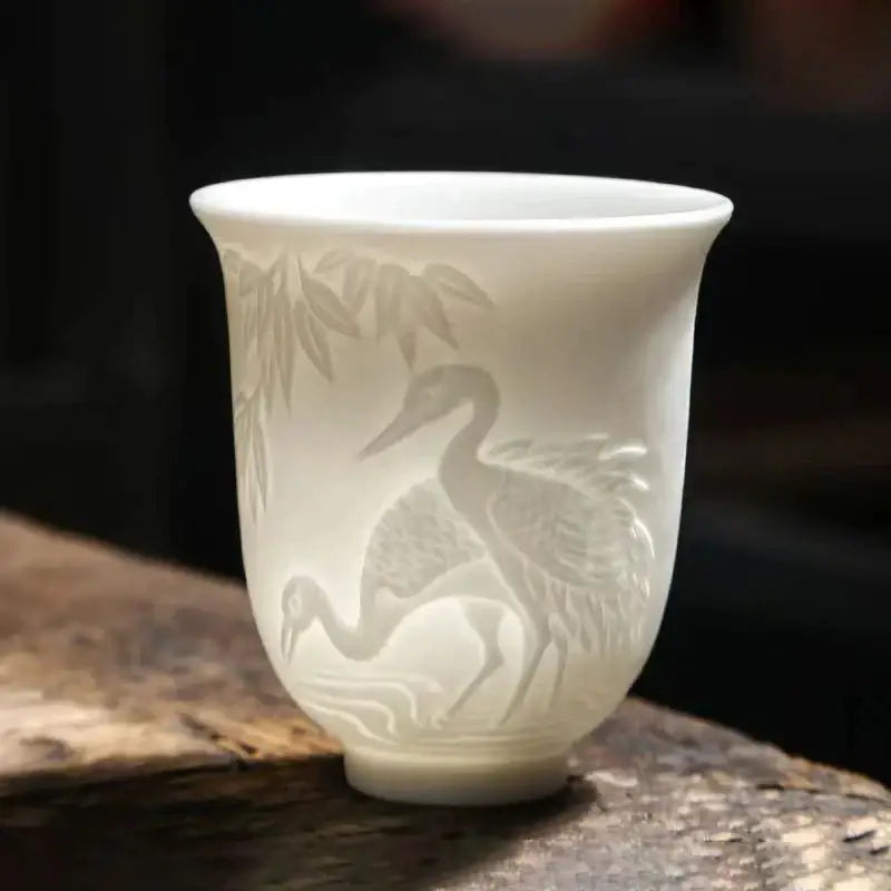 Hand carved translucent white jade tea cup set dining room ceramic
