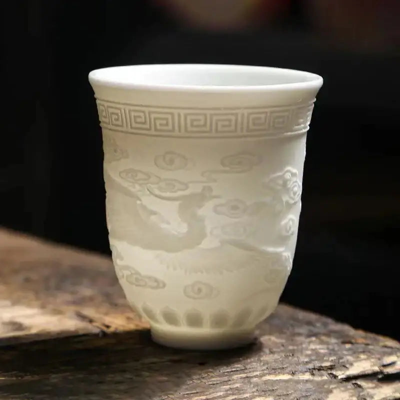 Hand carved translucent white jade tea cup set dining room ceramic