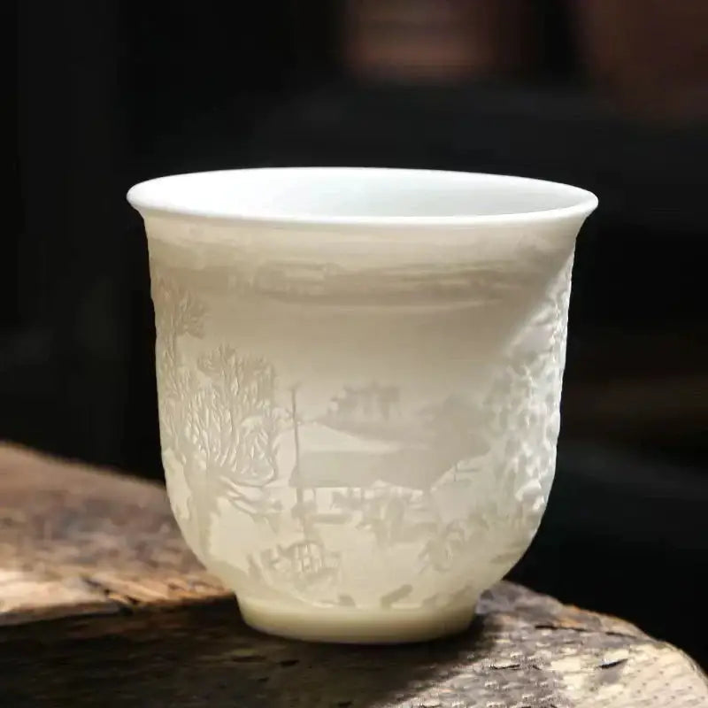 Hand carved translucent white jade tea cup set dining room ceramic