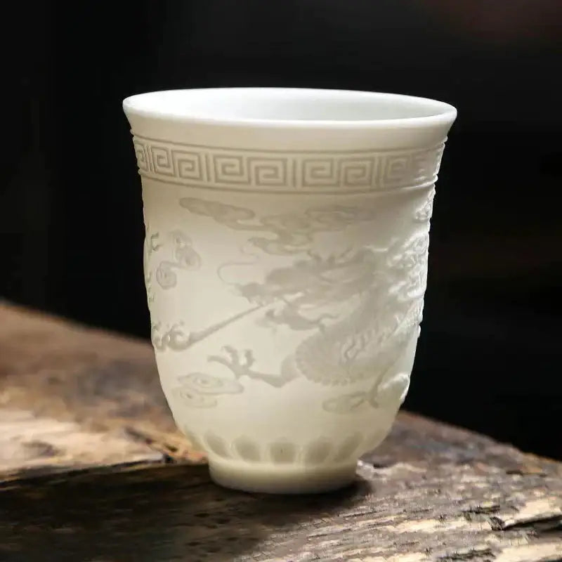 Hand carved translucent white jade tea cup set dining room ceramic