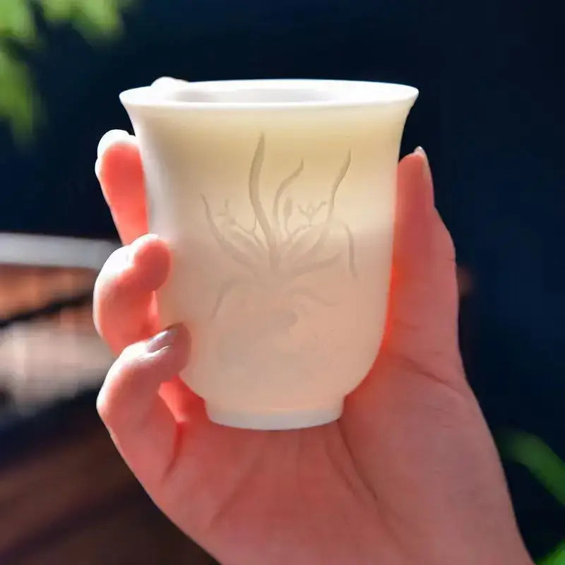 Hand carved translucent white jade tea cup set dining room ceramic