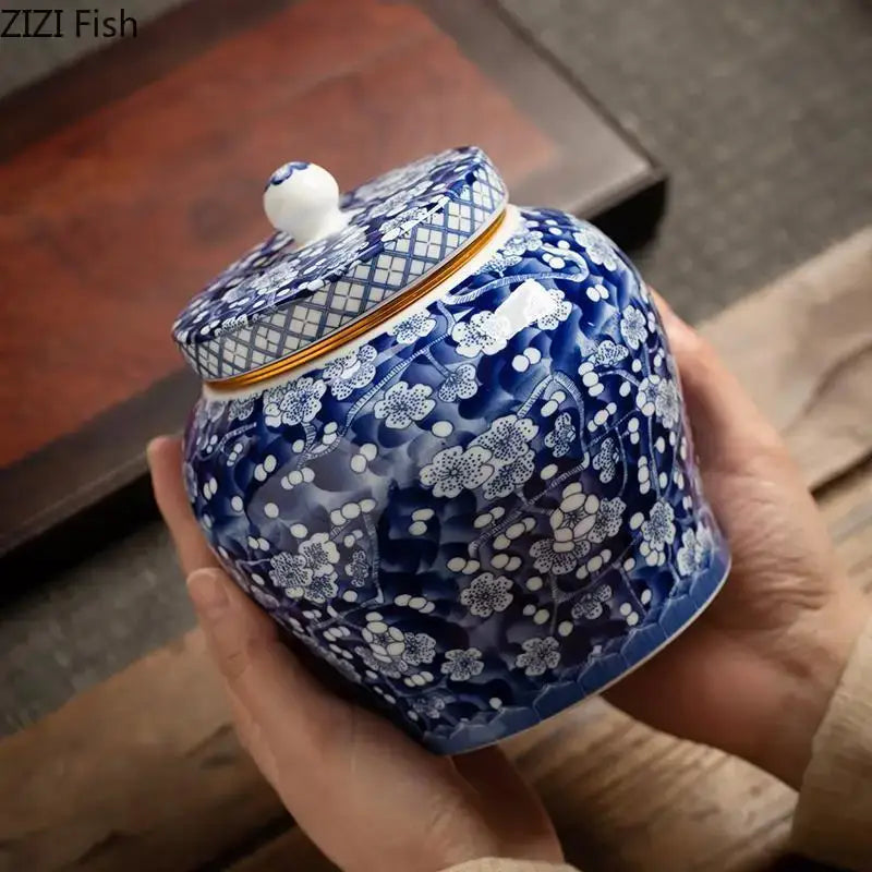 Hand-painted floral white porcelain tea canister kitchen storage jar