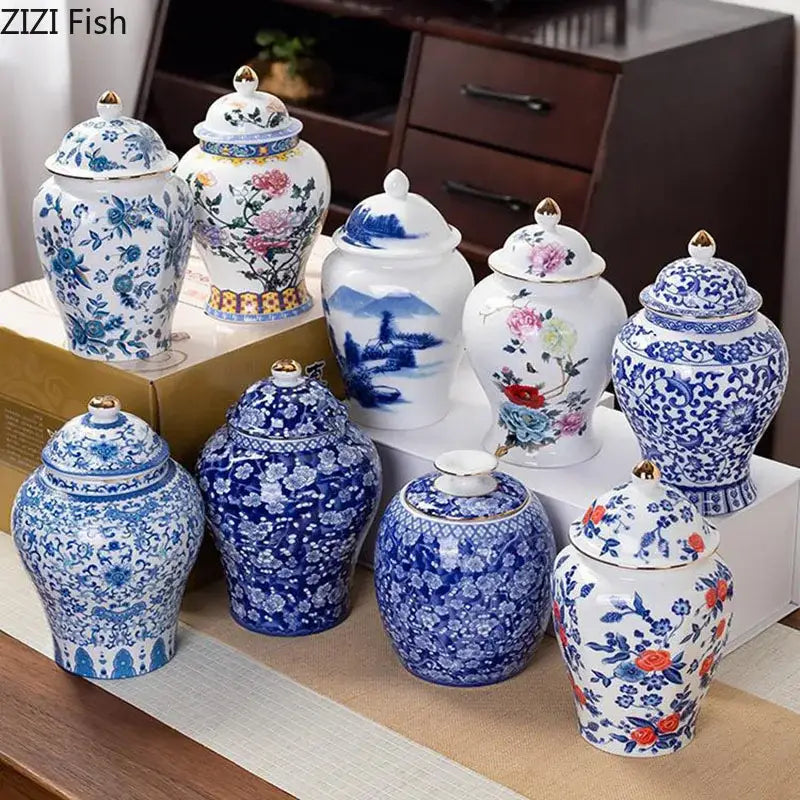 Hand-painted floral white porcelain tea canister kitchen storage jar