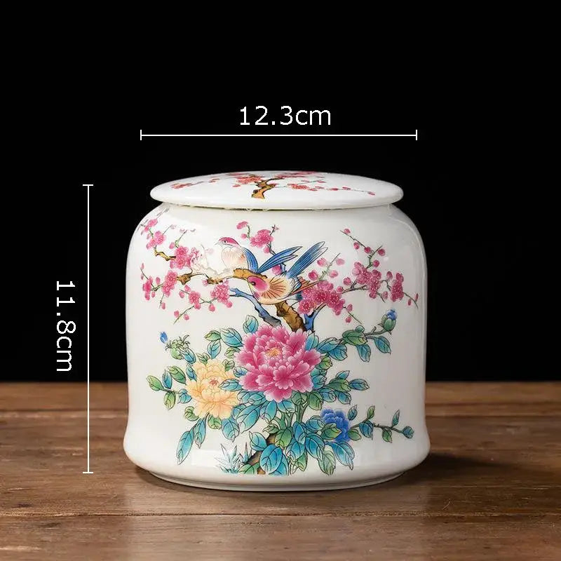 Hand-painted floral white porcelain tea canister kitchen storage jar
