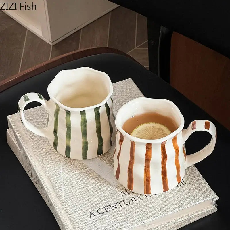 Hand-painted green & brown colorful stripes porcelain mugs kitchen set